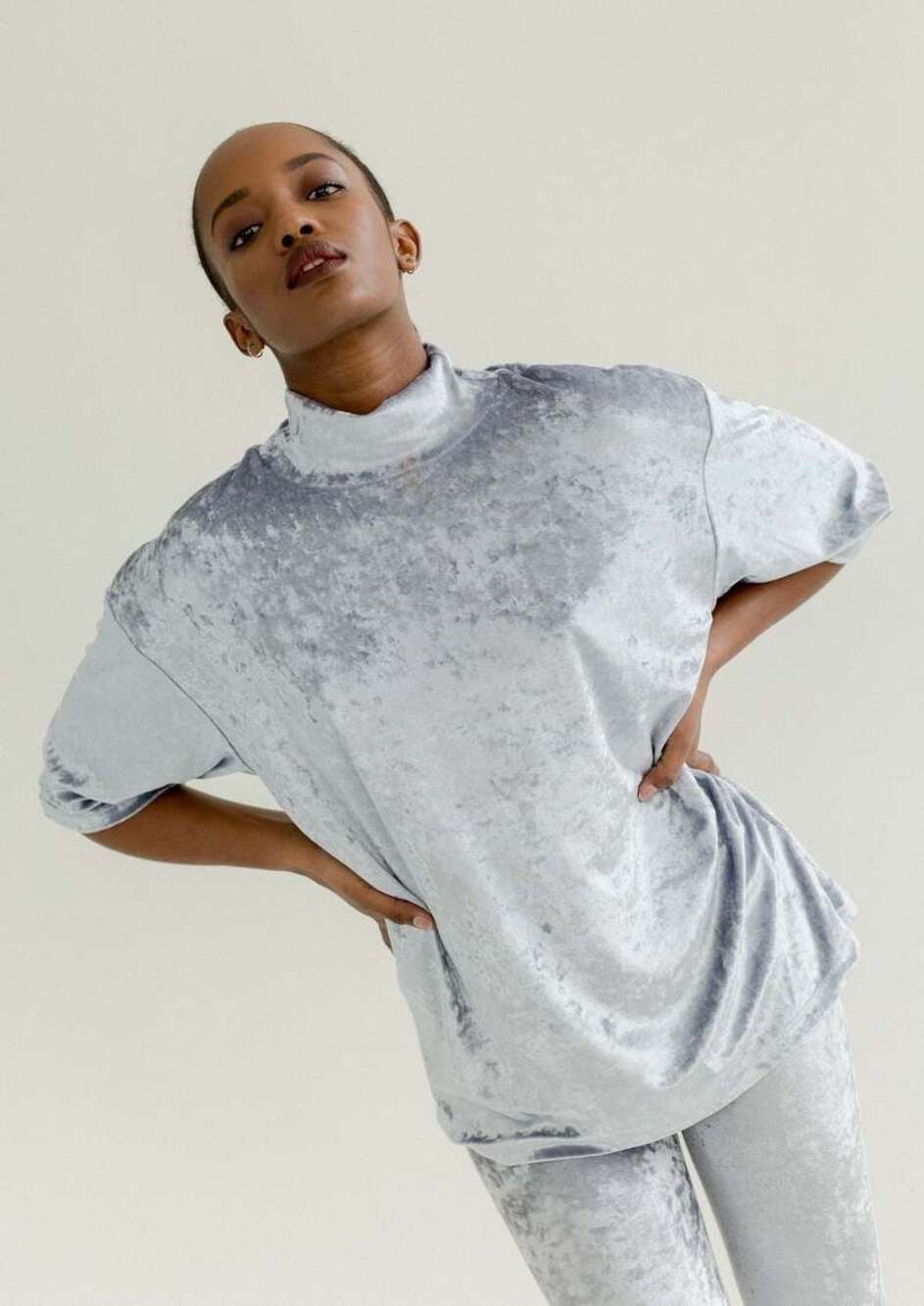 NEW Et Tigre Kenji Silver Metallic Velvet Velour Short Sleeve Mock Neck Top Sz S